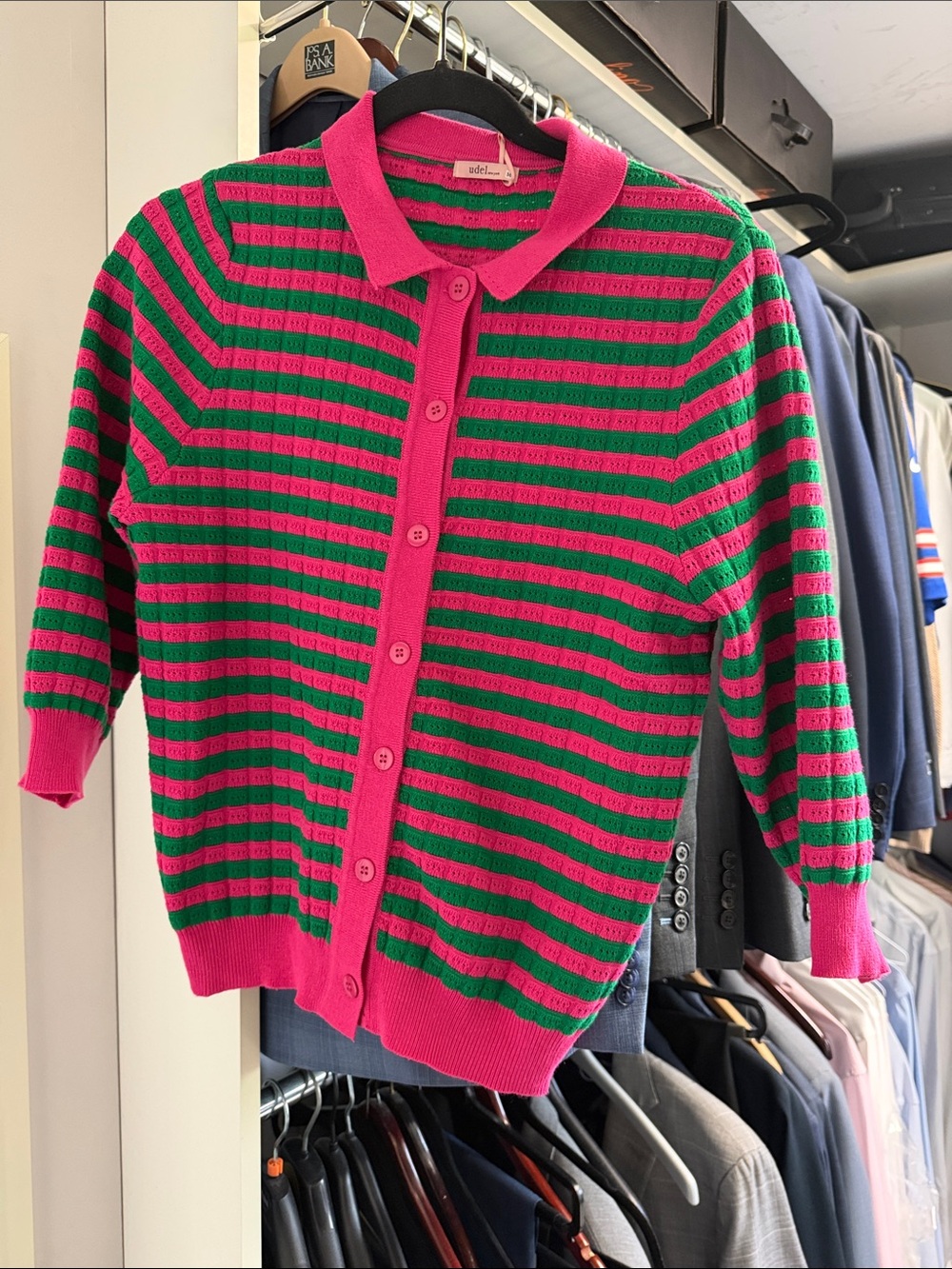 Unde.-e. Pink & Green Striped Button-Up Polo Sweater